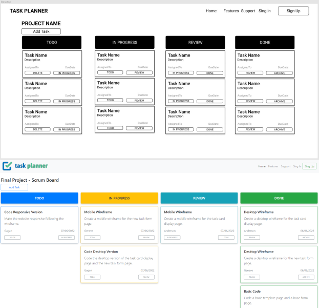 Collage showing the wireframe document at the top and the developed page at the bottom.